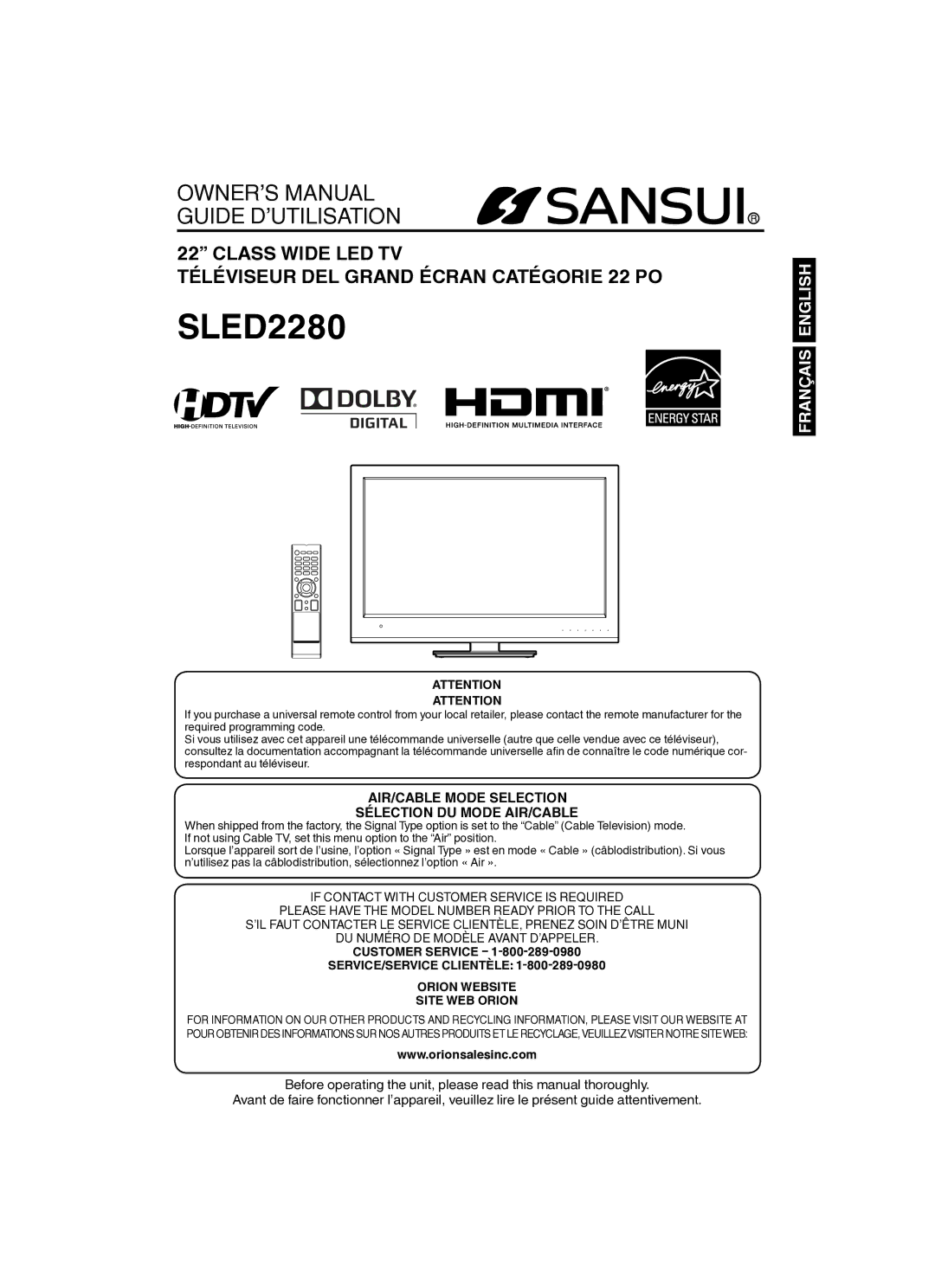 Sansui SLED2280 owner manual Customer Service, SERVICE/SERVICE Clientèle Orion Website Site WEB Orion 