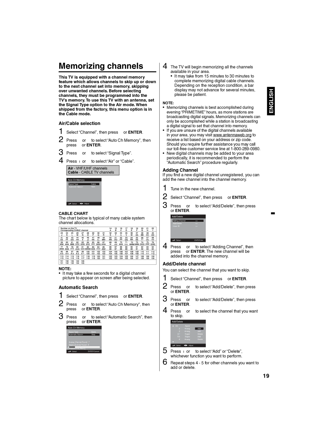 Sansui SLED2280 owner manual Memorizing channels, Air/Cable selection, Automatic Search, Adding Channel, Add/Delete channel 