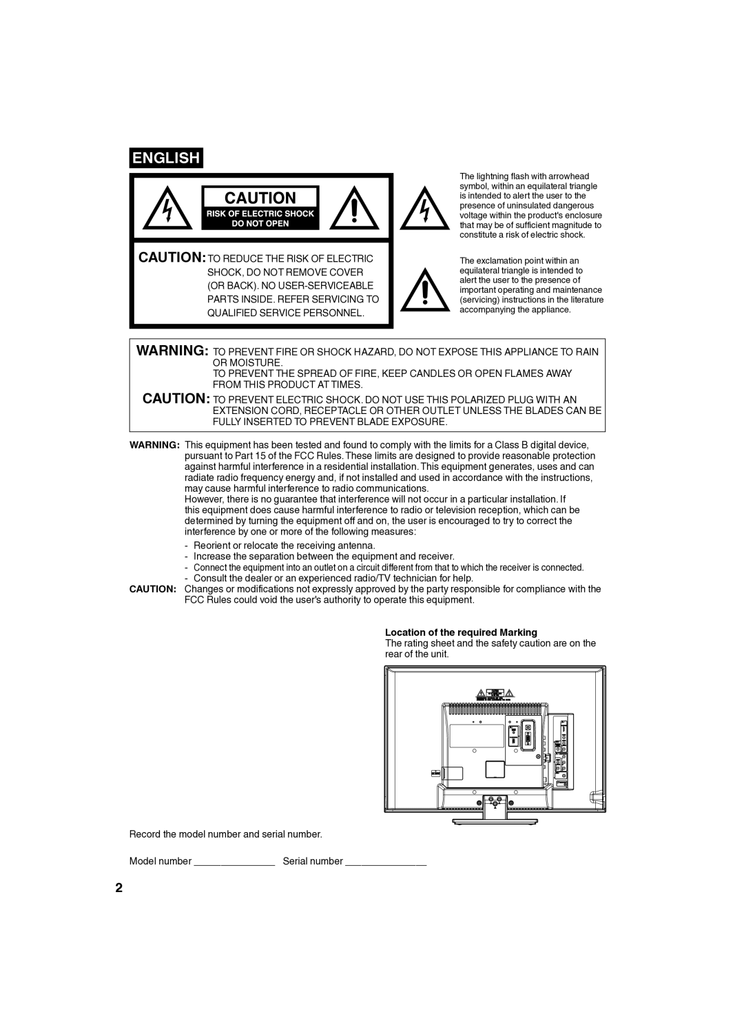 Sansui SLED2280 owner manual English, Location of the required Marking 