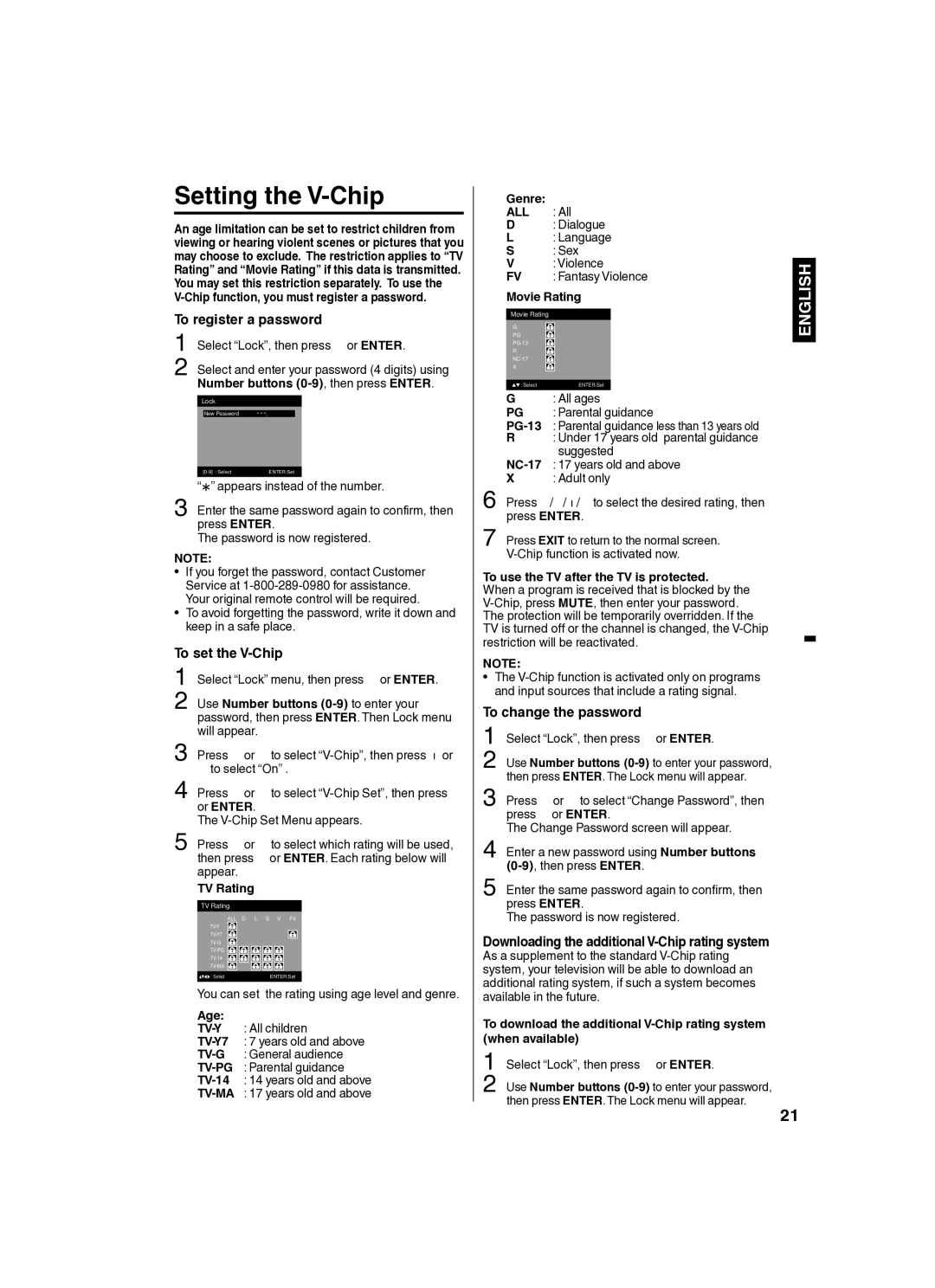 Sansui SLED2280 owner manual Setting the V-Chip, To register a password, To set the V-Chip, TV Rating, Age 