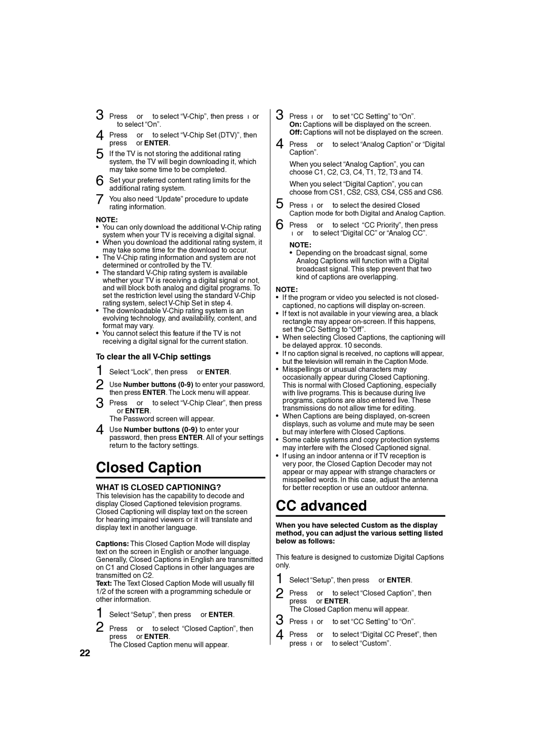 Sansui SLED2280 owner manual Closed Caption, CC advanced, To clear the all V-Chip settings, Or Enter 