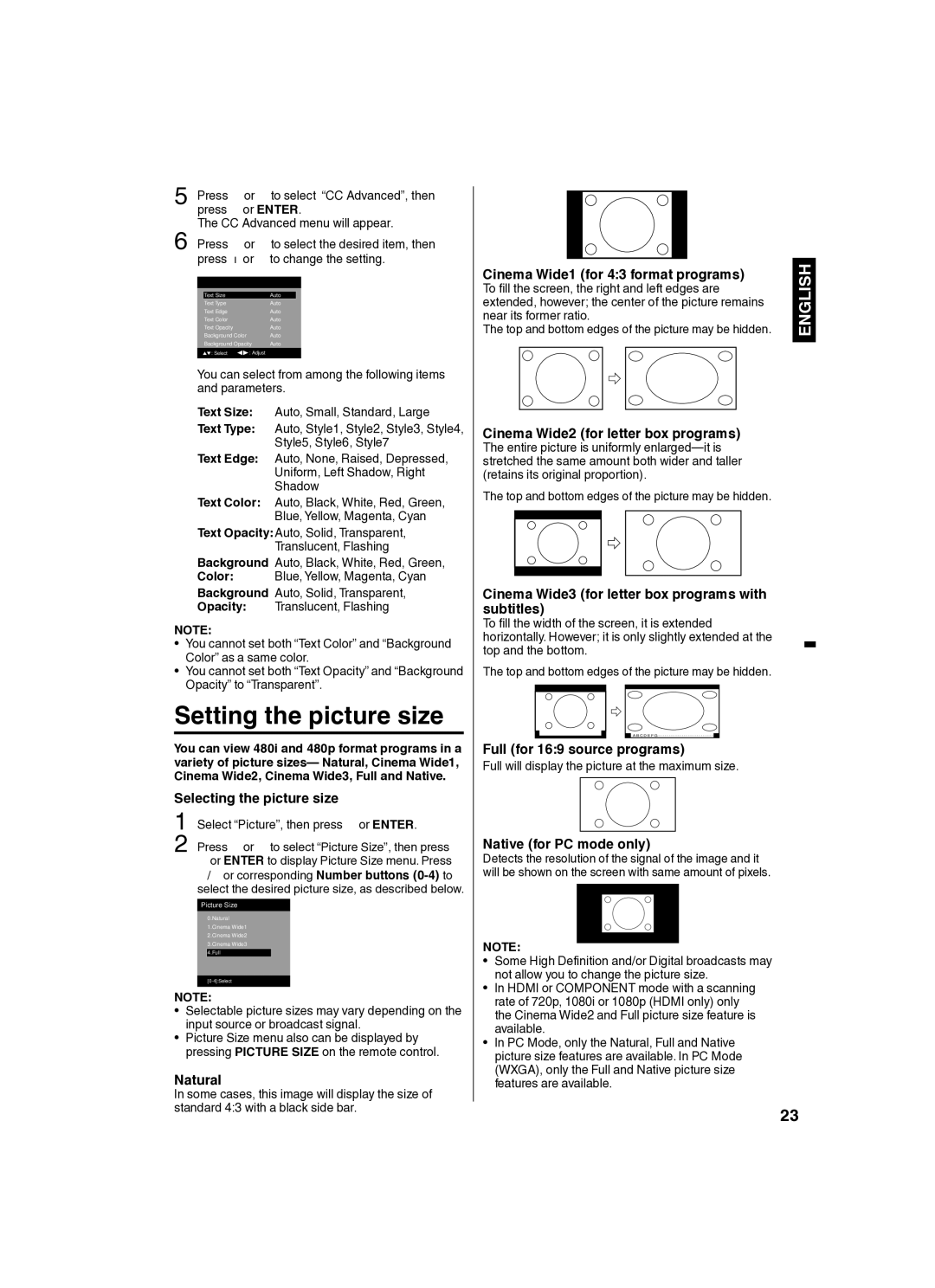 Sansui SLED2280 owner manual Setting the picture size 