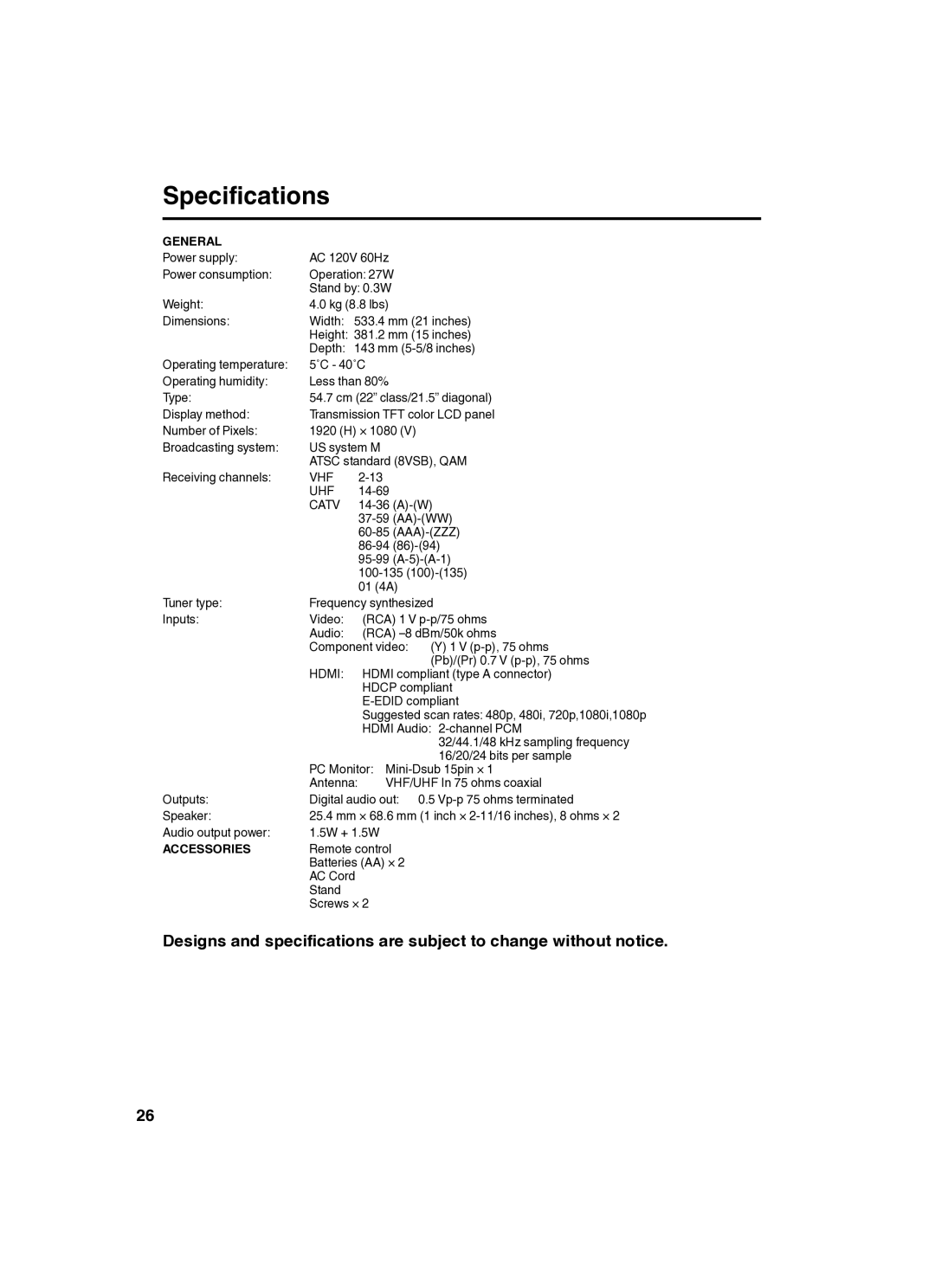 Sansui SLED2280 owner manual Specifications, General, Accessories 