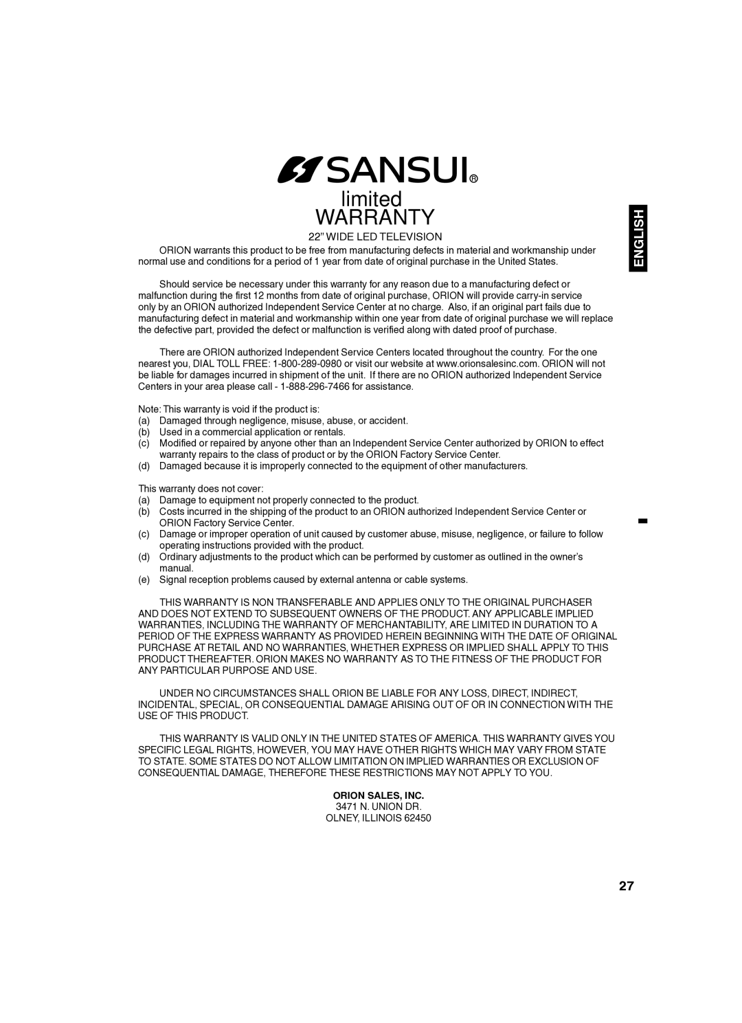 Sansui SLED2280 owner manual Orion SALES, INC, 3471 N. Union DR 