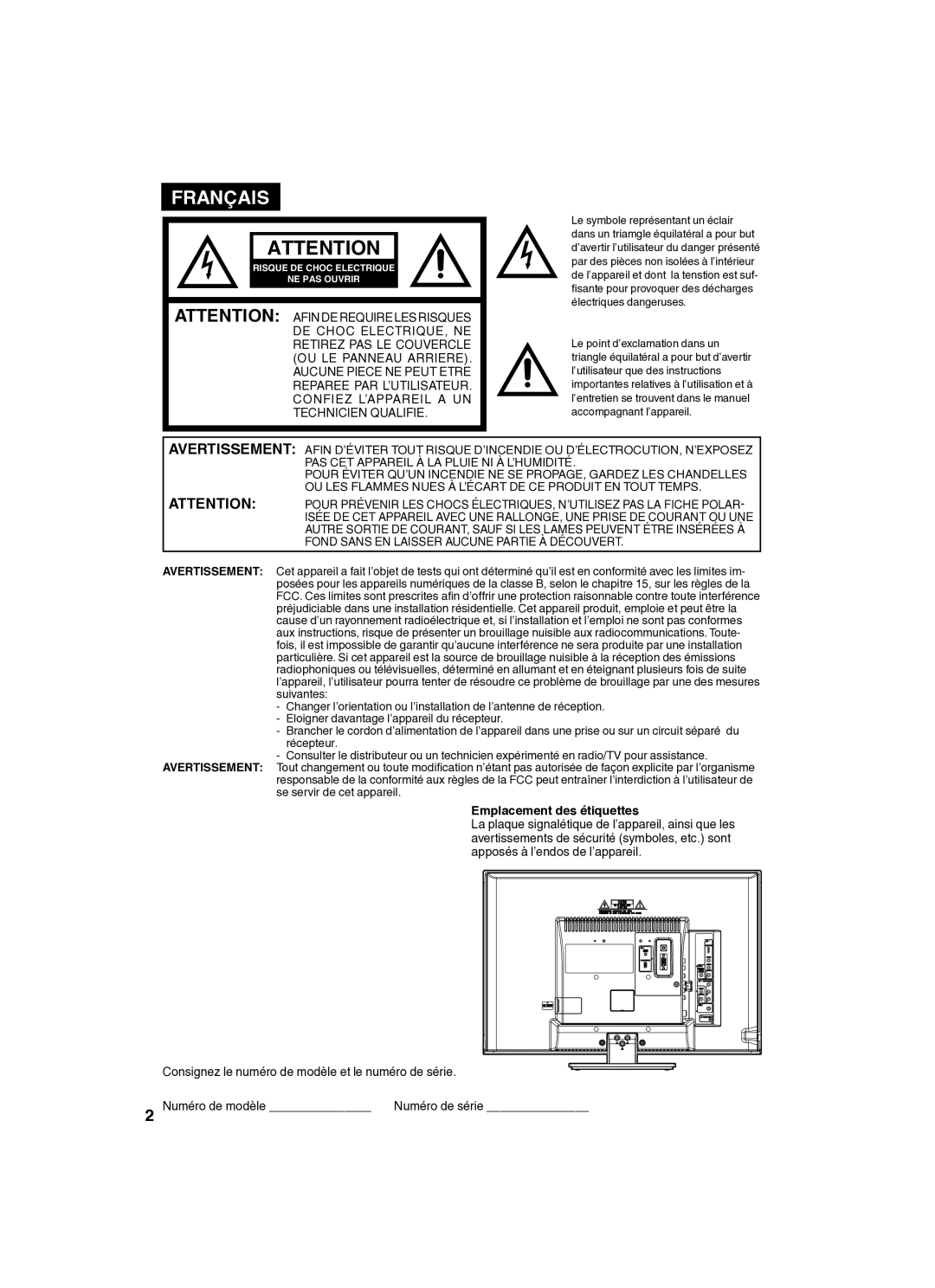 Sansui SLED2280 owner manual Français, Emplacement des étiquettes 