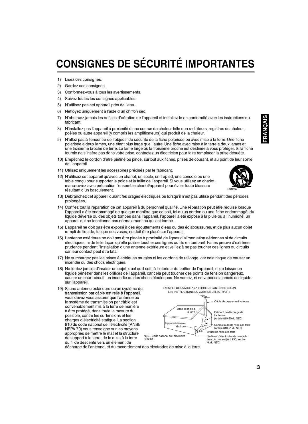 Sansui SLED2280 owner manual Consignes DE Sécurité Importantes, Du fil de descente vers un élément de 