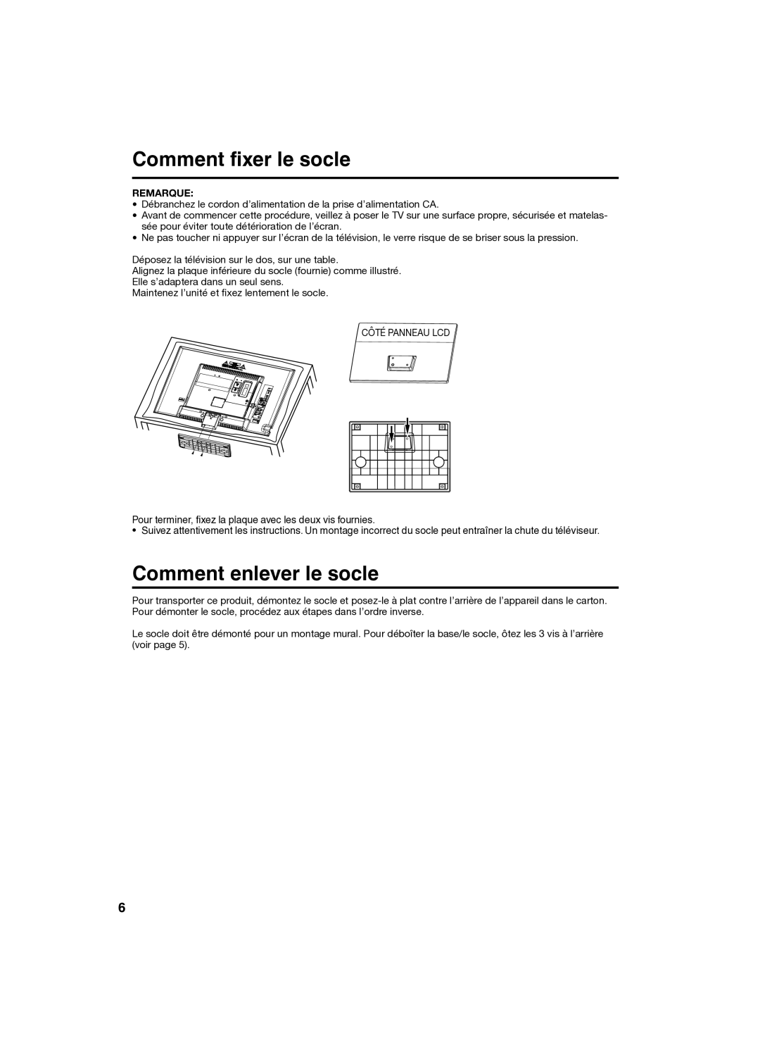 Sansui SLED2280 owner manual Comment fixer le socle, Comment enlever le socle, Remarque 