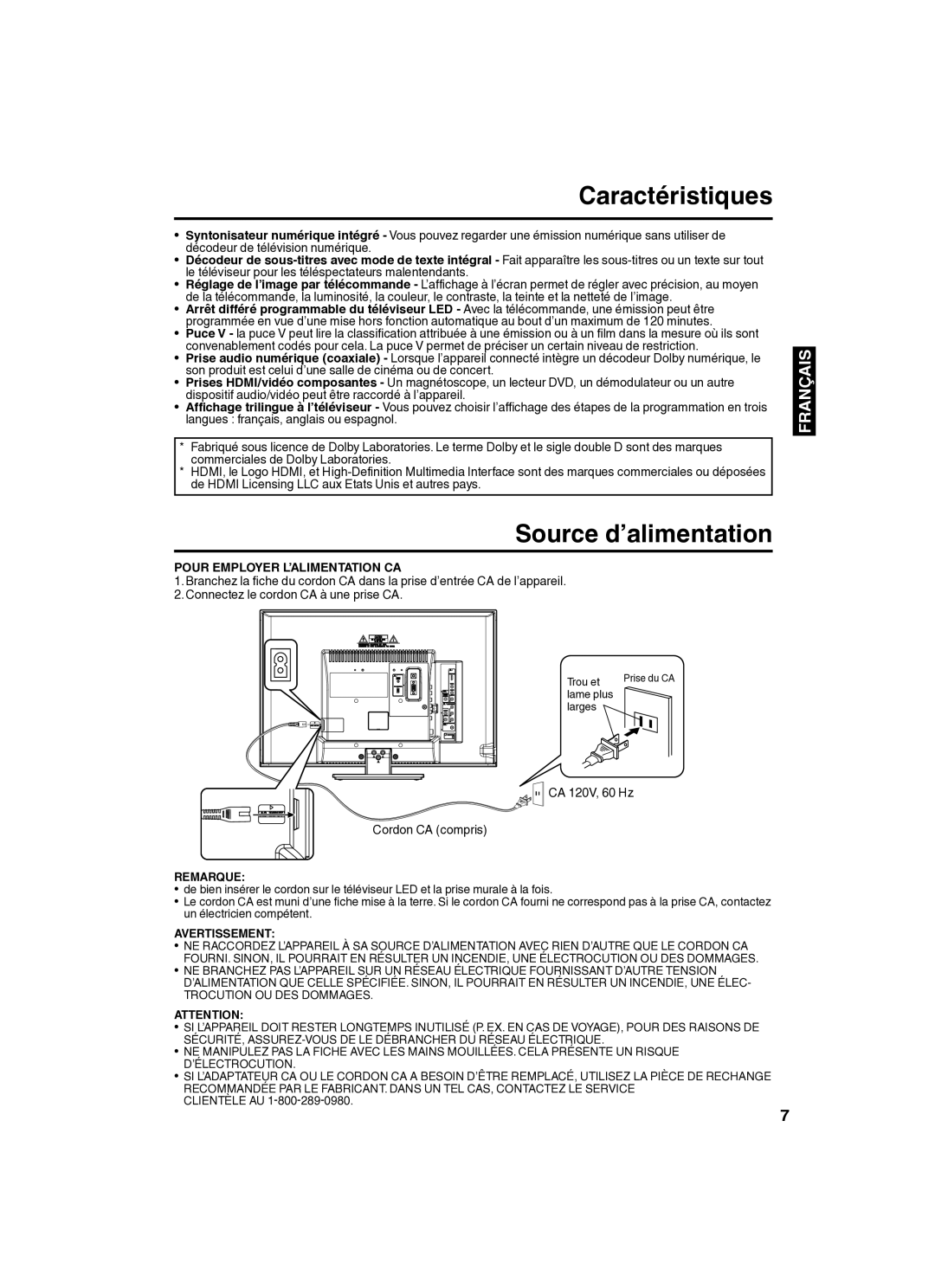 Sansui SLED2280 owner manual Caractéristiques, Source d’alimentation, Pour Employer L’ALIMENTATION CA, Avertissement 