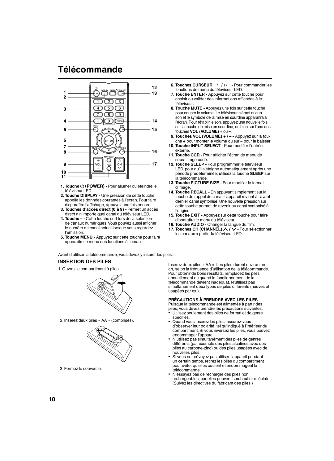 Sansui SLED2280 owner manual Télécommande, Touche Power Pour allumer ou éteindre le téléviseur LED 