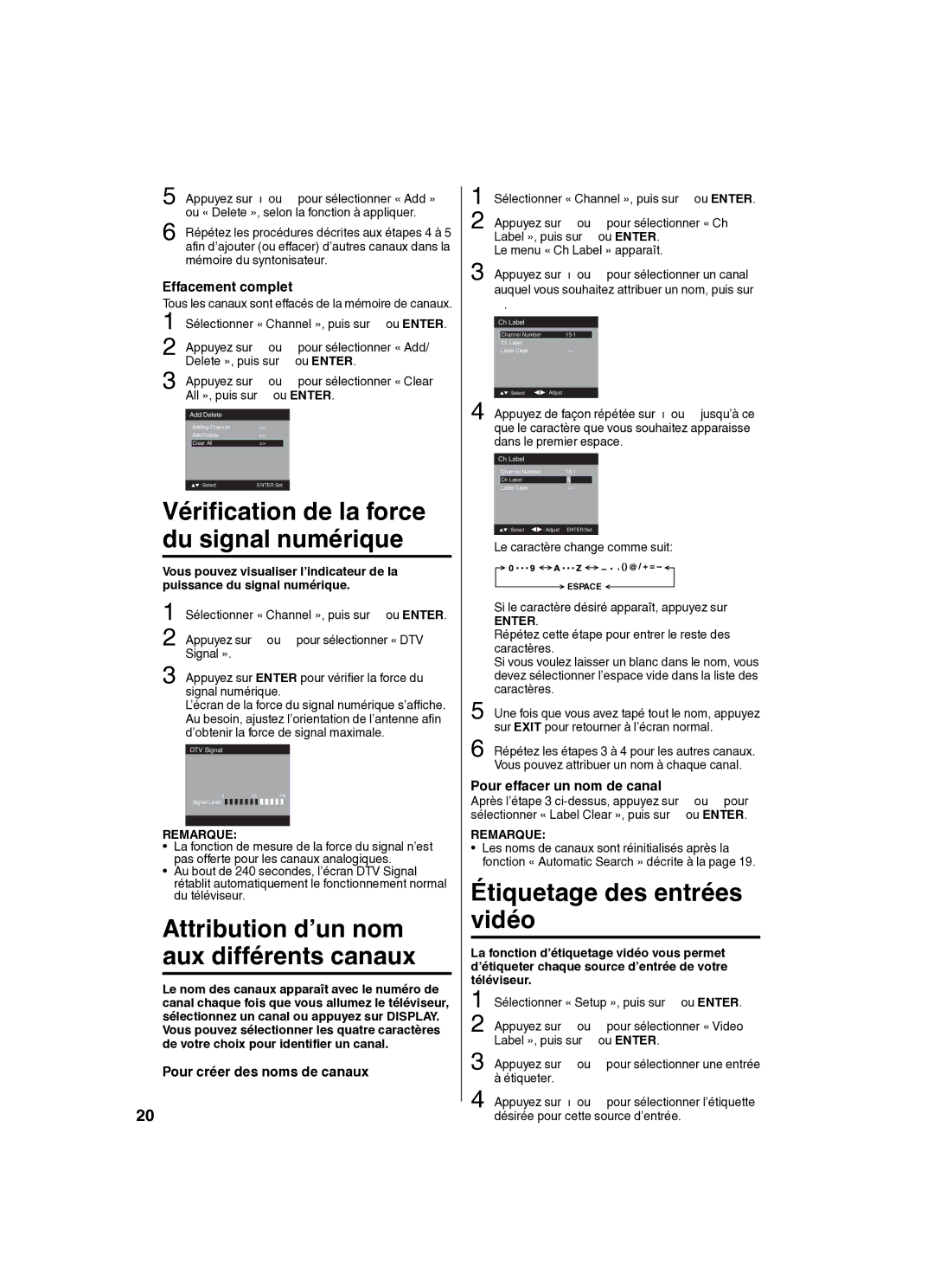 Sansui SLED2280 owner manual Vérification de la force du signal numérique, Attribution d’un nom aux différents canaux 