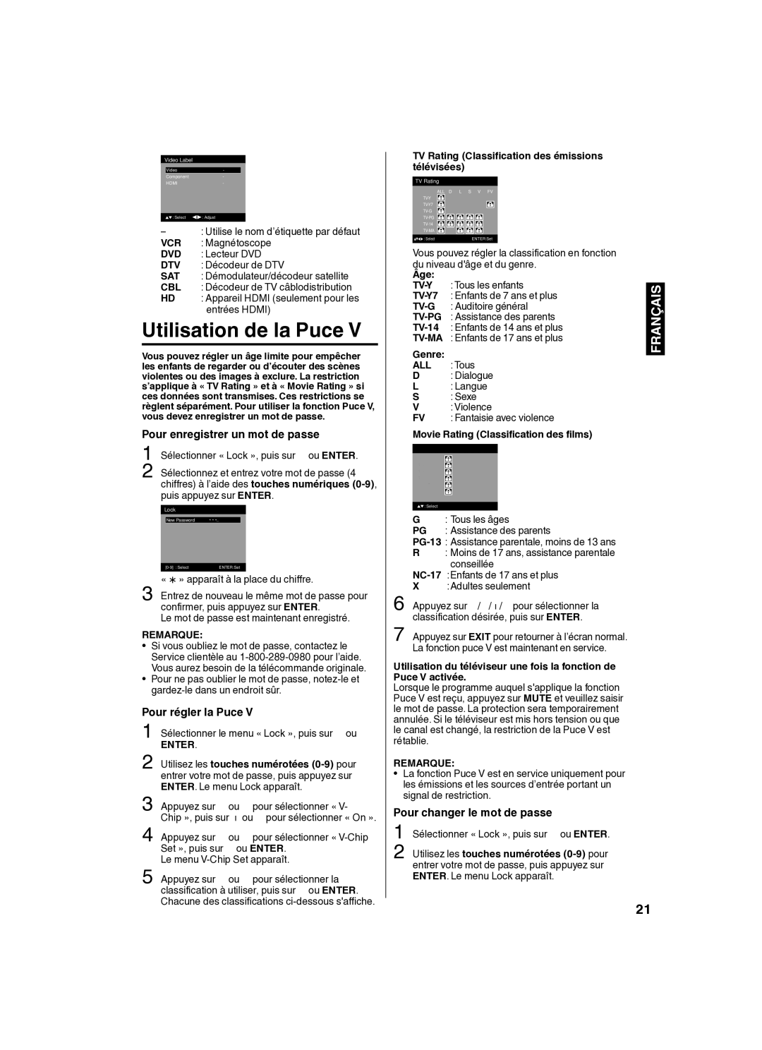 Sansui SLED2280 owner manual Utilisation de la Puce, Pour enregistrer un mot de passe, Pour régler la Puce 