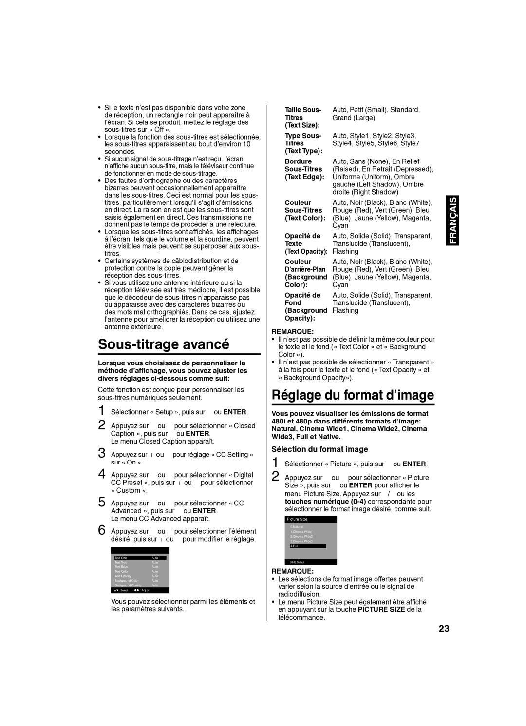 Sansui SLED2280 owner manual Sous-titrage avancé, Sélection du format image 