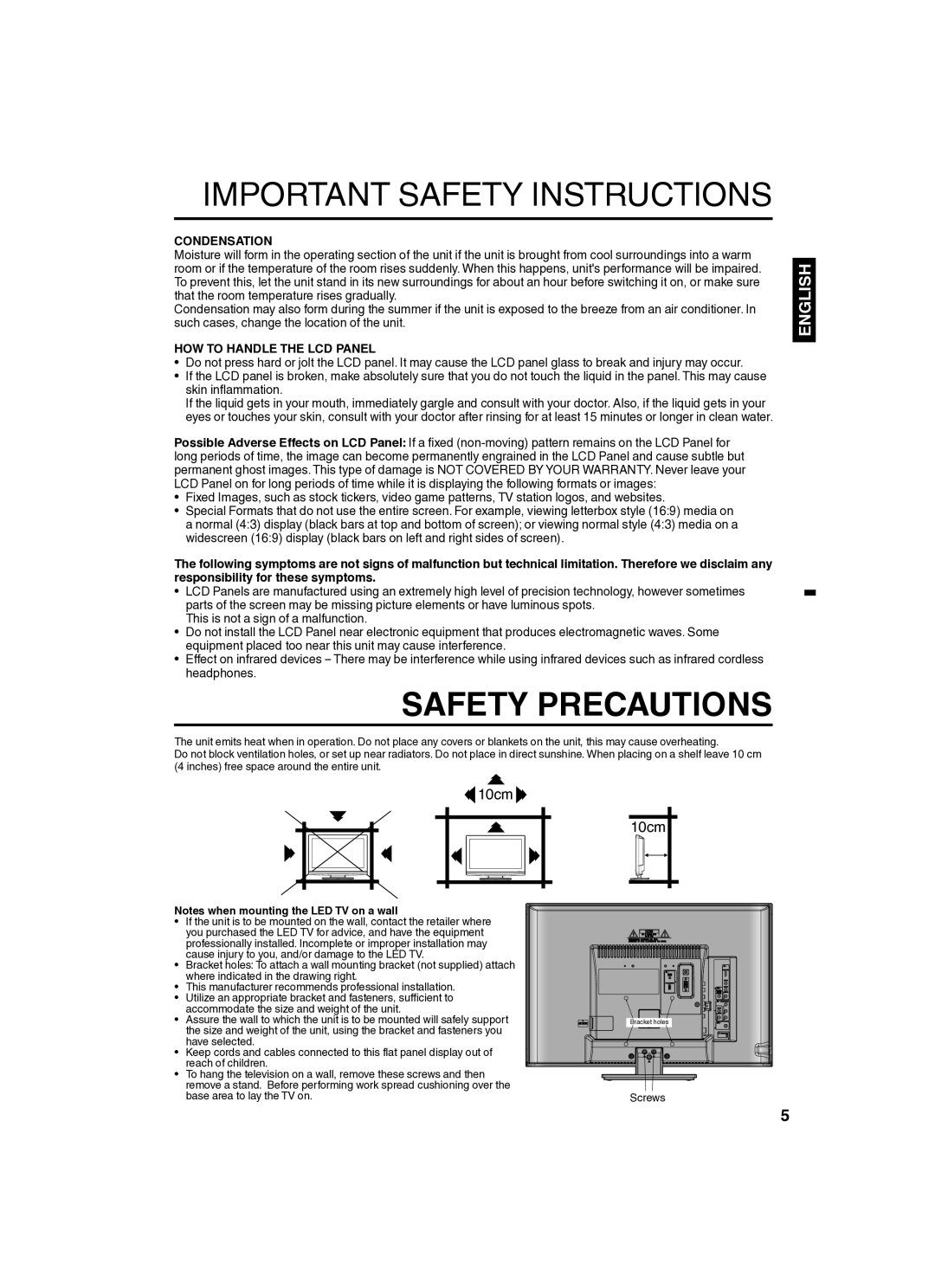 Sansui SLED2280 owner manual Condensation, HOW to Handle the LCD Panel 