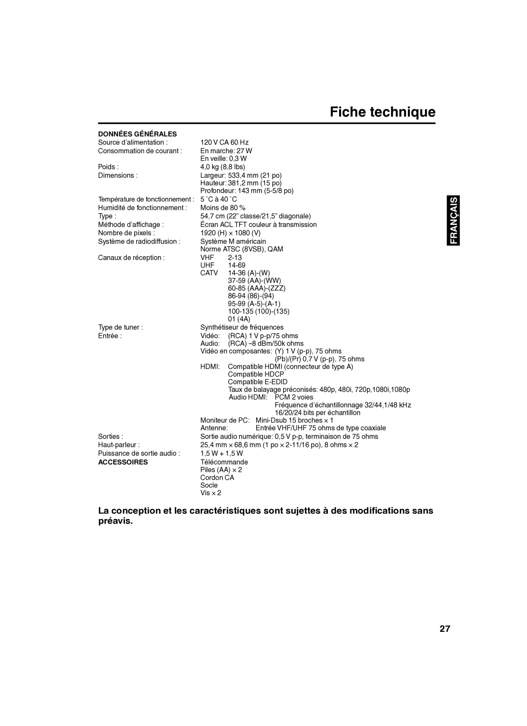 Sansui SLED2280 owner manual Fiche technique, Données Générales, Accessoires 