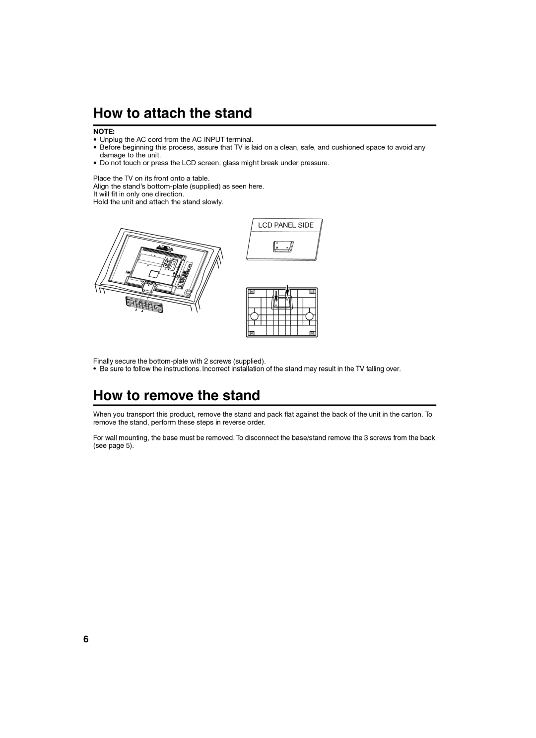 Sansui SLED2280 owner manual How to attach the stand, How to remove the stand 