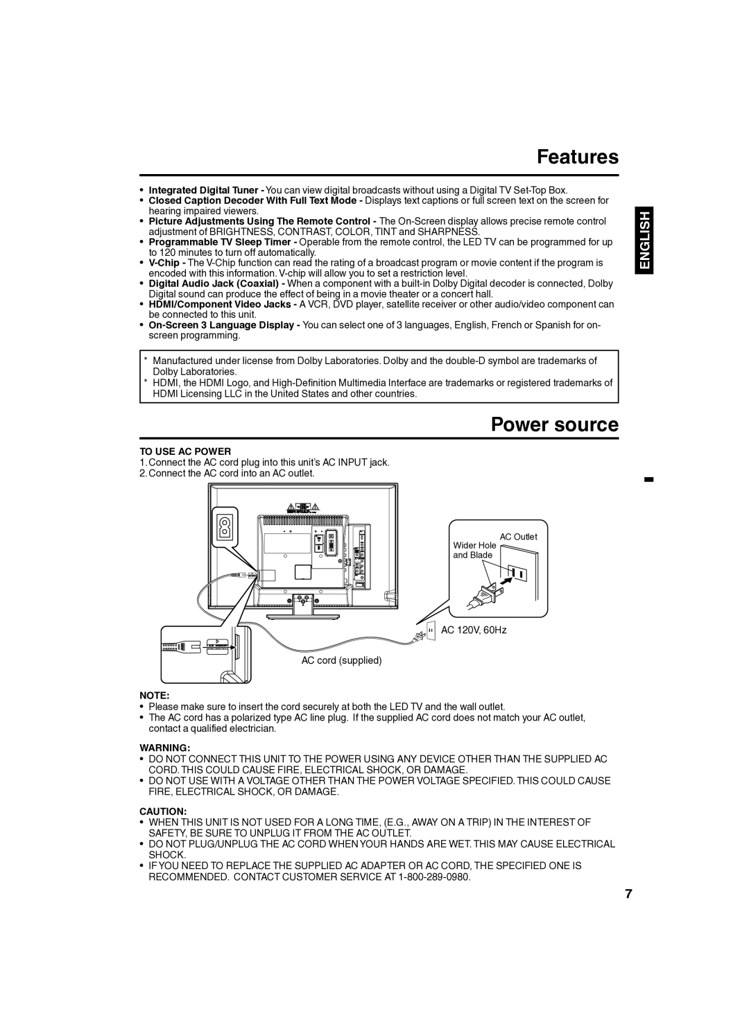 Sansui SLED2280 owner manual Features, Power source, To USE AC Power 