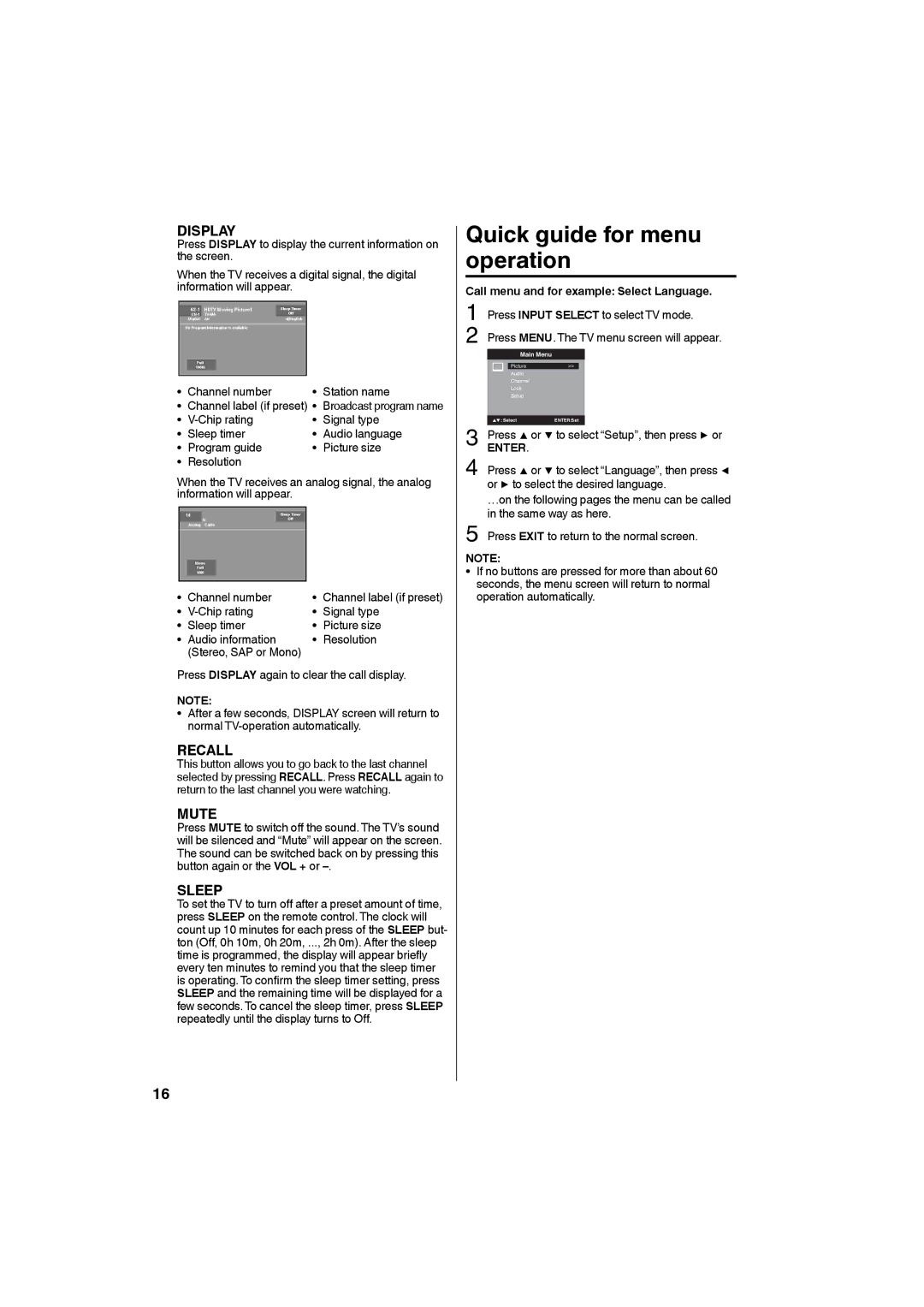 Sansui SLED2280A, SLED2480 owner manual Quick guide for menu operation 