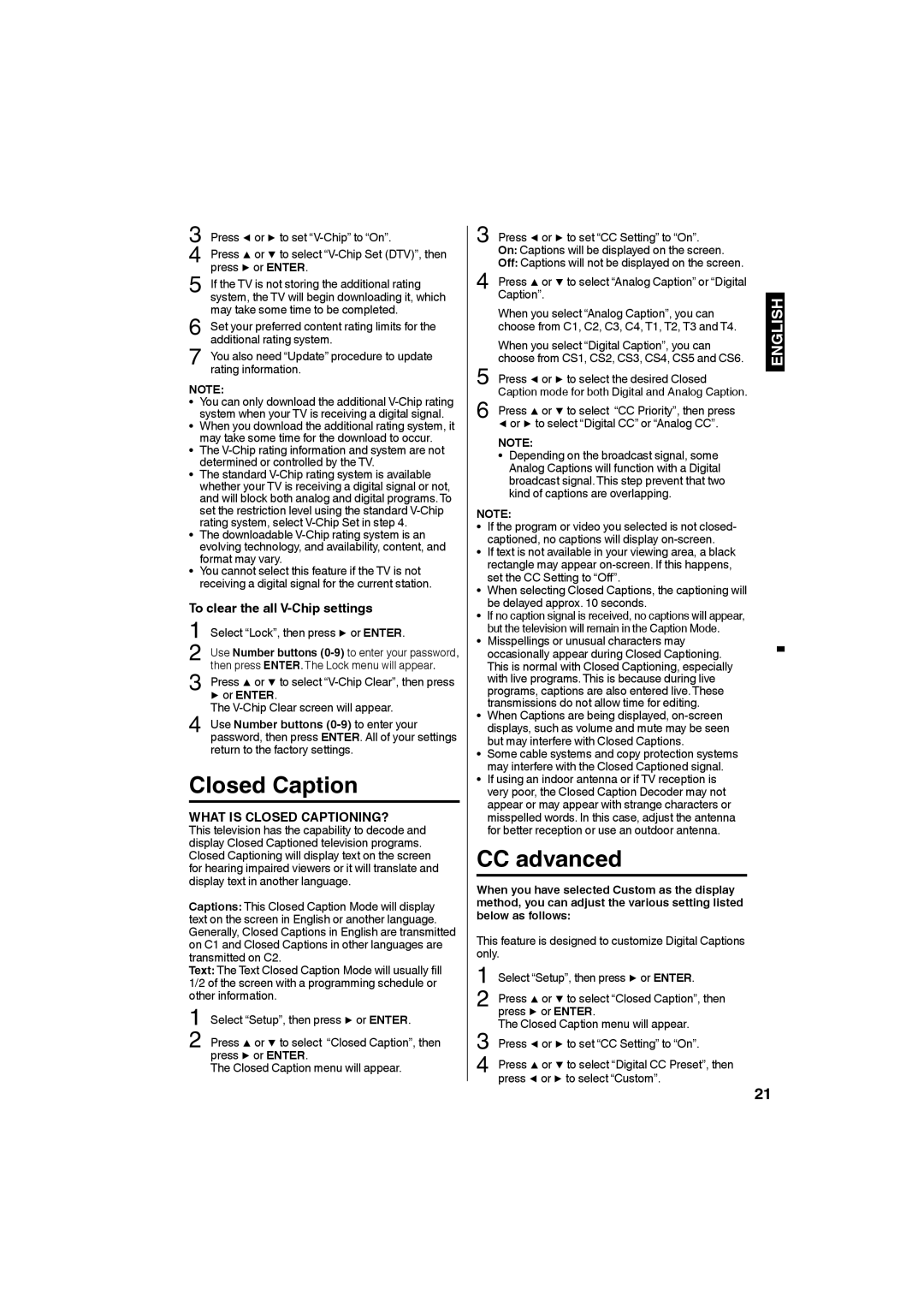 Sansui SLED2480, SLED2280A owner manual Closed Caption, CC advanced, To clear the all V-Chip settings 