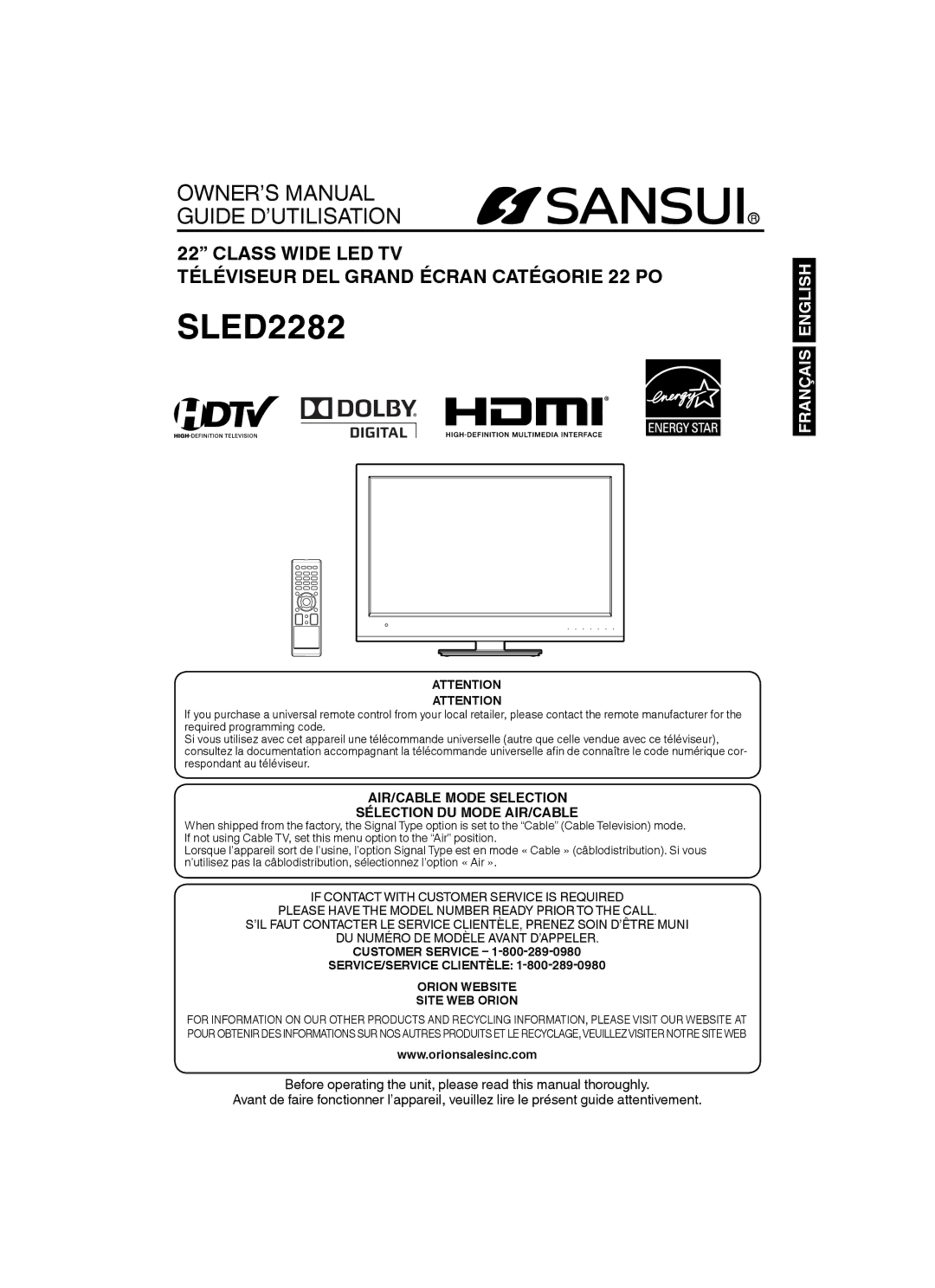 Sansui SLED2282 owner manual Customer Service, SERVICE/SERVICE Clientèle Orion Website Site WEB Orion 