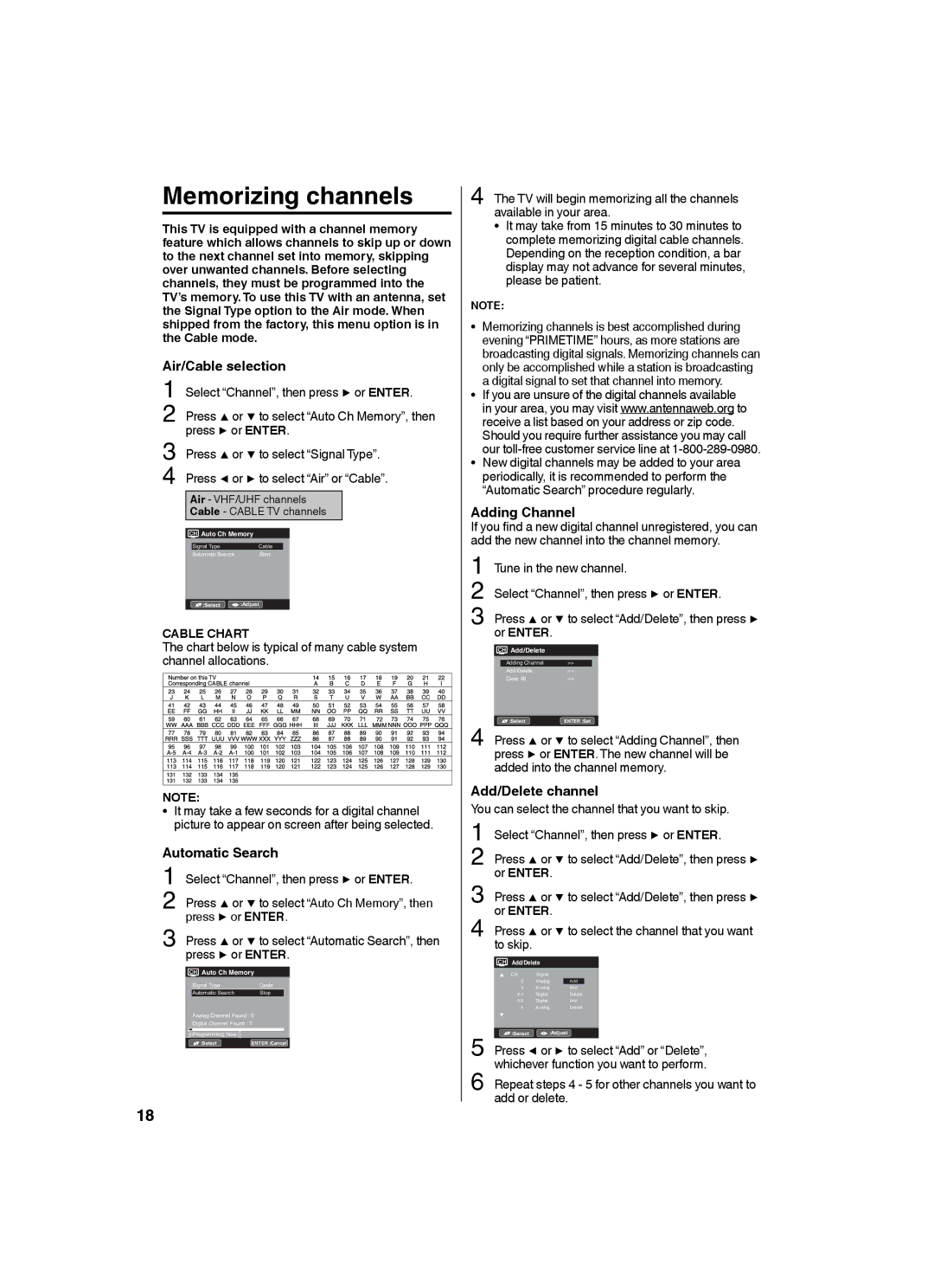 Sansui SLED2282 owner manual Memorizing channels, Air/Cable selection, Automatic Search, Adding Channel, Add/Delete channel 