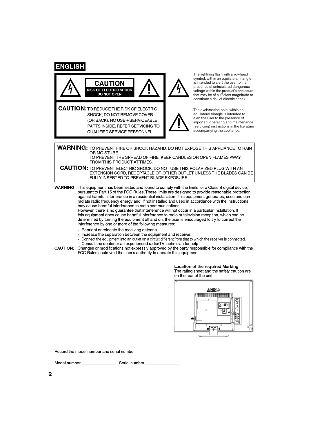 Sansui SLED2282 owner manual English, Location of the required Marking 