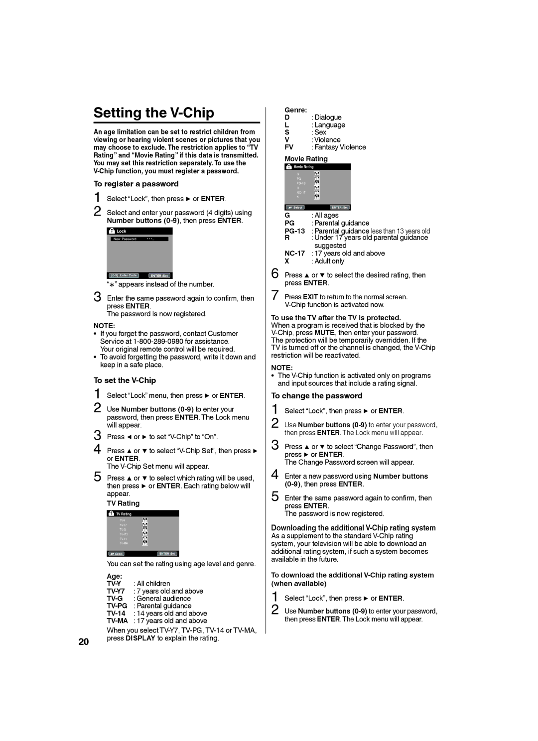 Sansui SLED2282 owner manual Setting the V-Chip, To register a password, To set the V-Chip, To change the password 