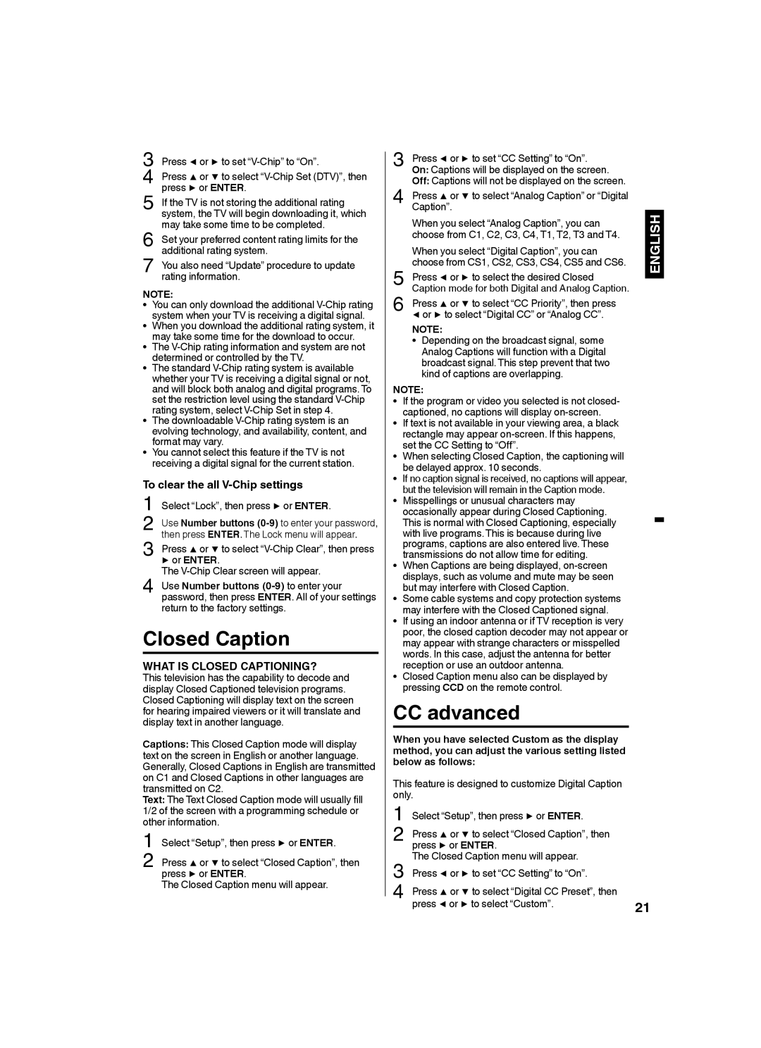 Sansui SLED2282 owner manual Closed Caption, CC advanced, To clear the all V-Chip settings, Or Enter 