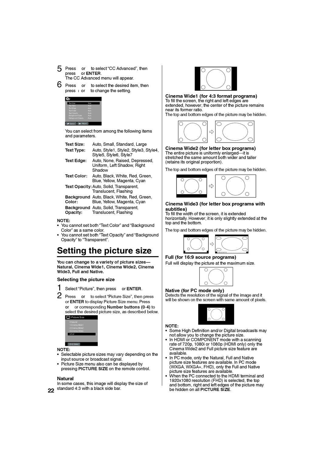 Sansui SLED2282 owner manual Setting the picture size 