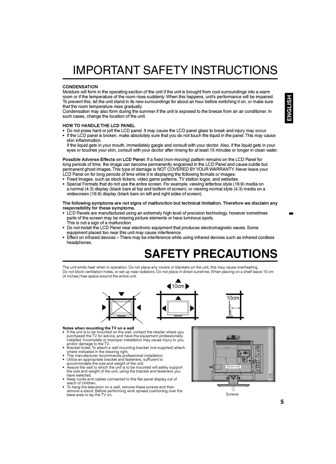 Sansui SLED2282 owner manual Condensation, HOW to Handle the LCD Panel 