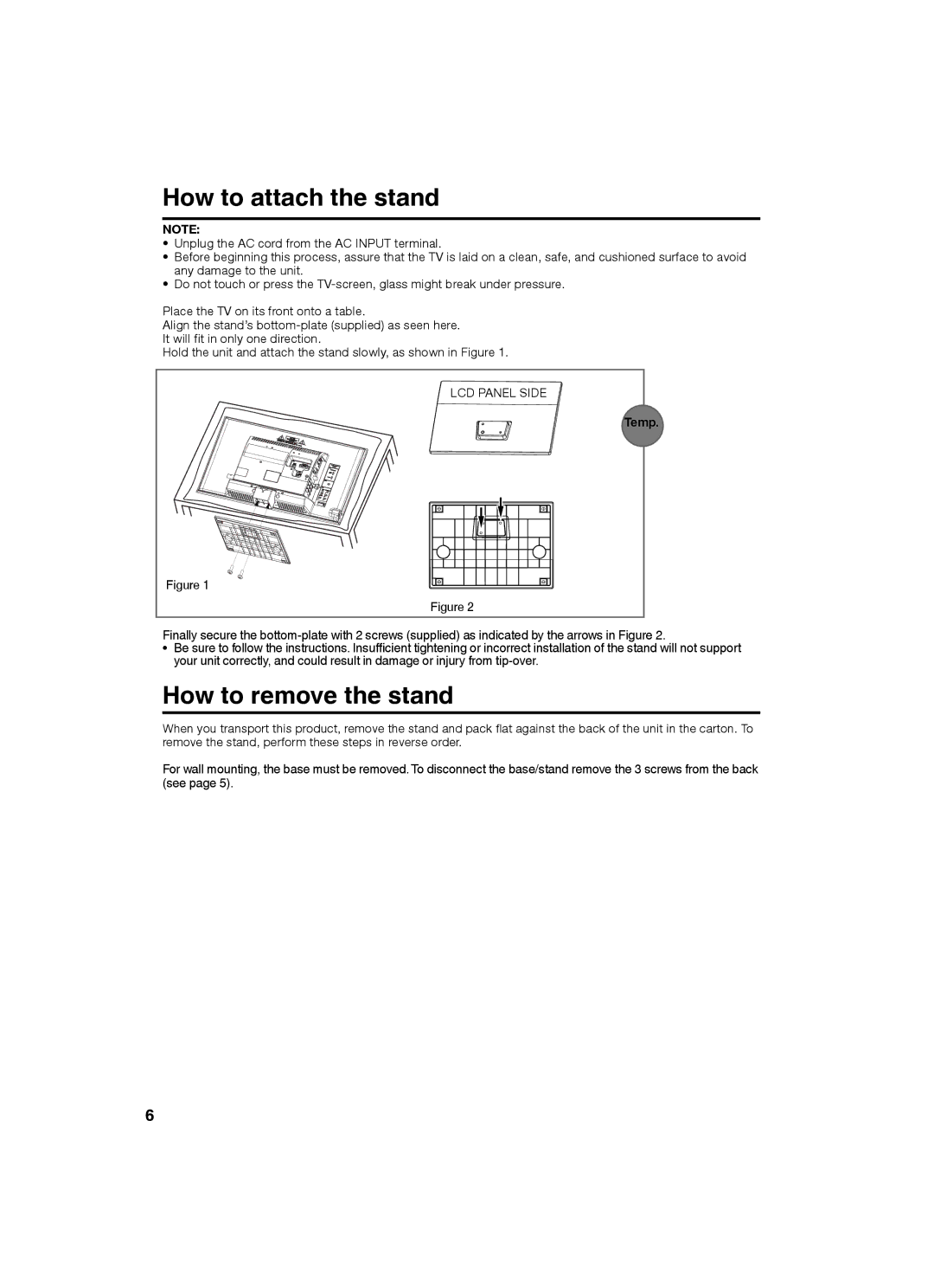 Sansui SLED2282 owner manual How to attach the stand, How to remove the stand, LCD Panel Side 