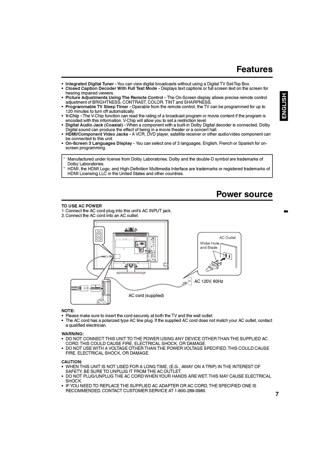 Sansui SLED2282 owner manual Features, Power source, To USE AC Power, SAFETY, be Sure to Unplug IT from the AC Outlet 