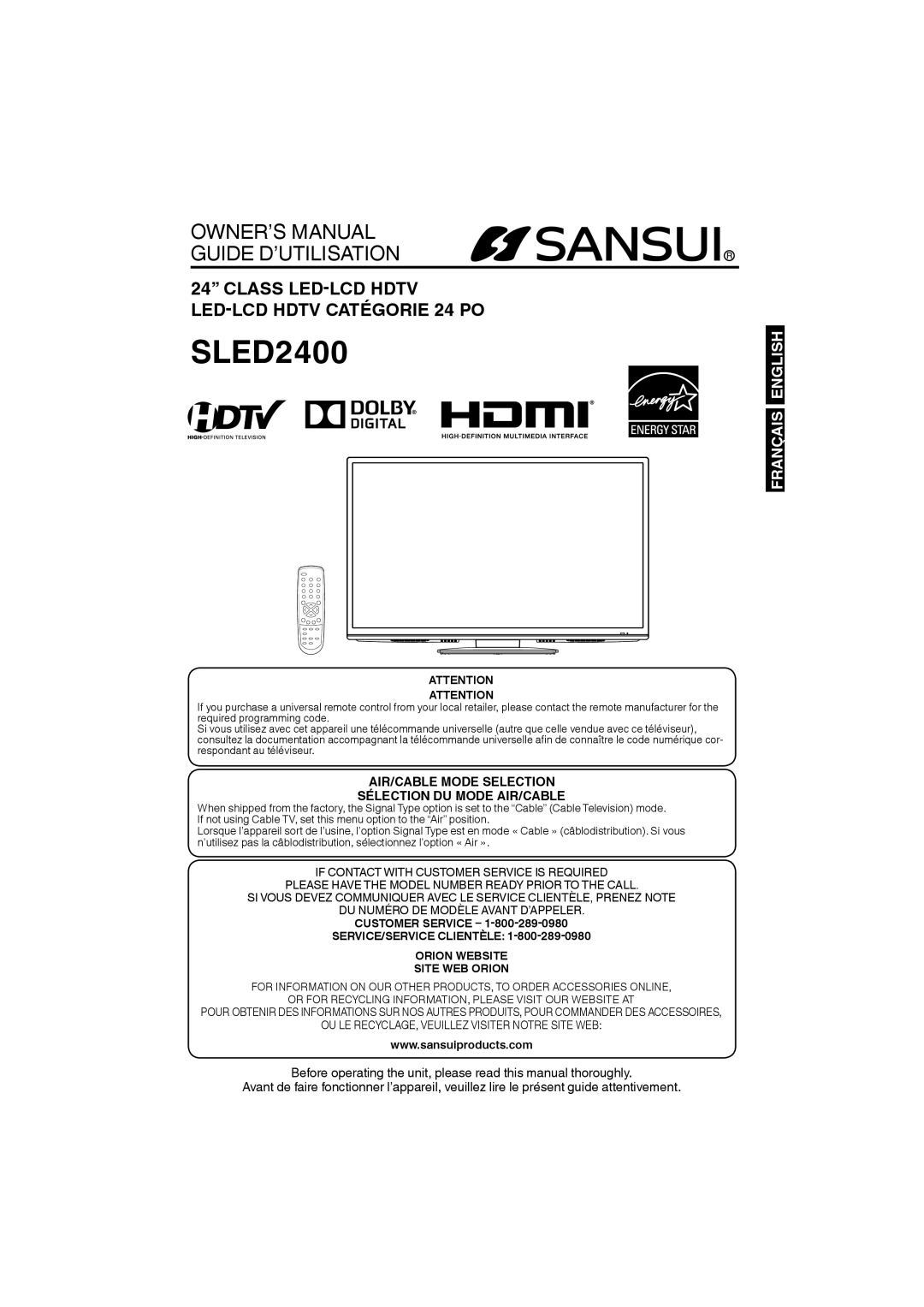 Sansui SLED2400 owner manual Customer Service, SERVICE/SERVICE Clientèle Orion Website Site WEB Orion 