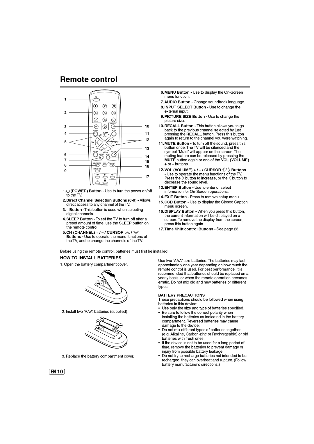 Sansui SLED2400 owner manual Battery Precautions 