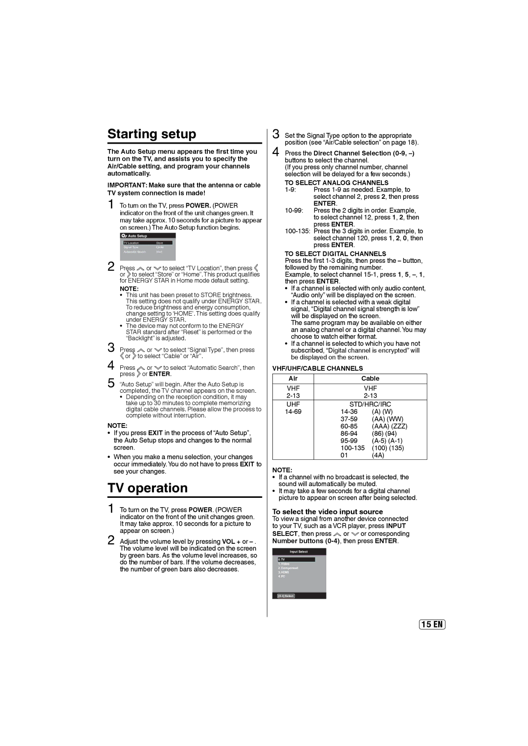 Sansui SLED2400 owner manual Starting setup, TV operation, To select the video input source 