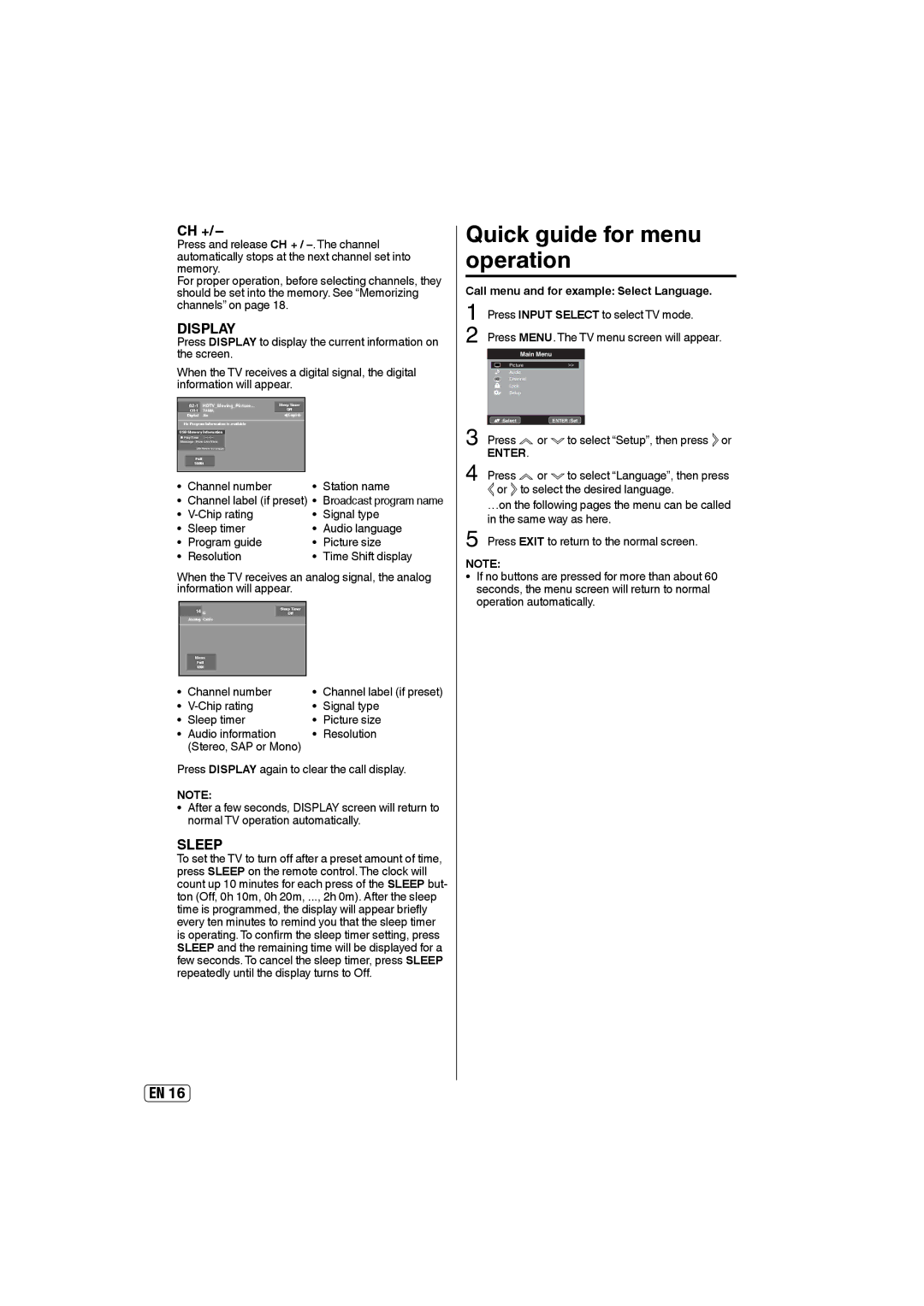 Sansui SLED2400 owner manual Quick guide for menu operation 