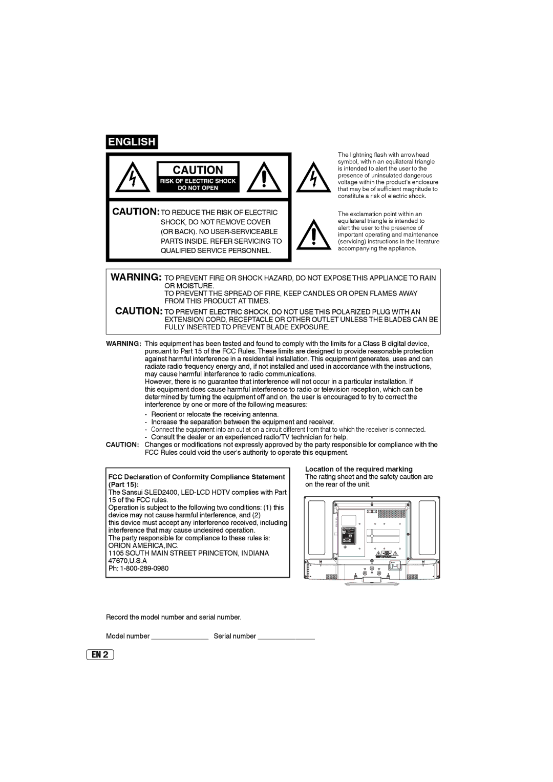 Sansui SLED2400 owner manual Part, On the rear of the unit 