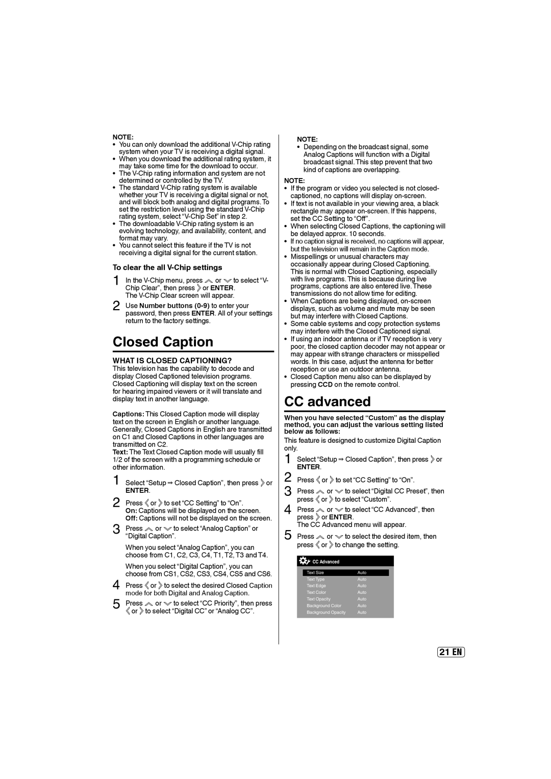 Sansui SLED2400 owner manual Closed Caption, CC advanced, To clear the all V-Chip settings 