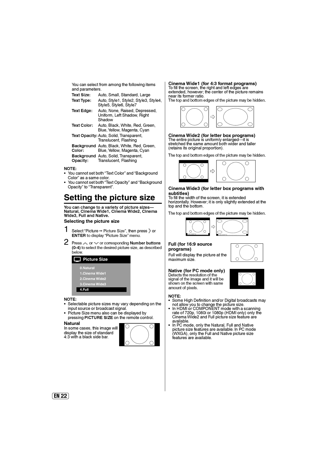 Sansui SLED2400 owner manual Setting the picture size, Selecting the picture size, Natural, Full for 169 source programs 