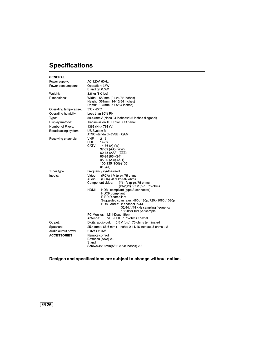 Sansui SLED2400 owner manual Specifications, General, Accessories 