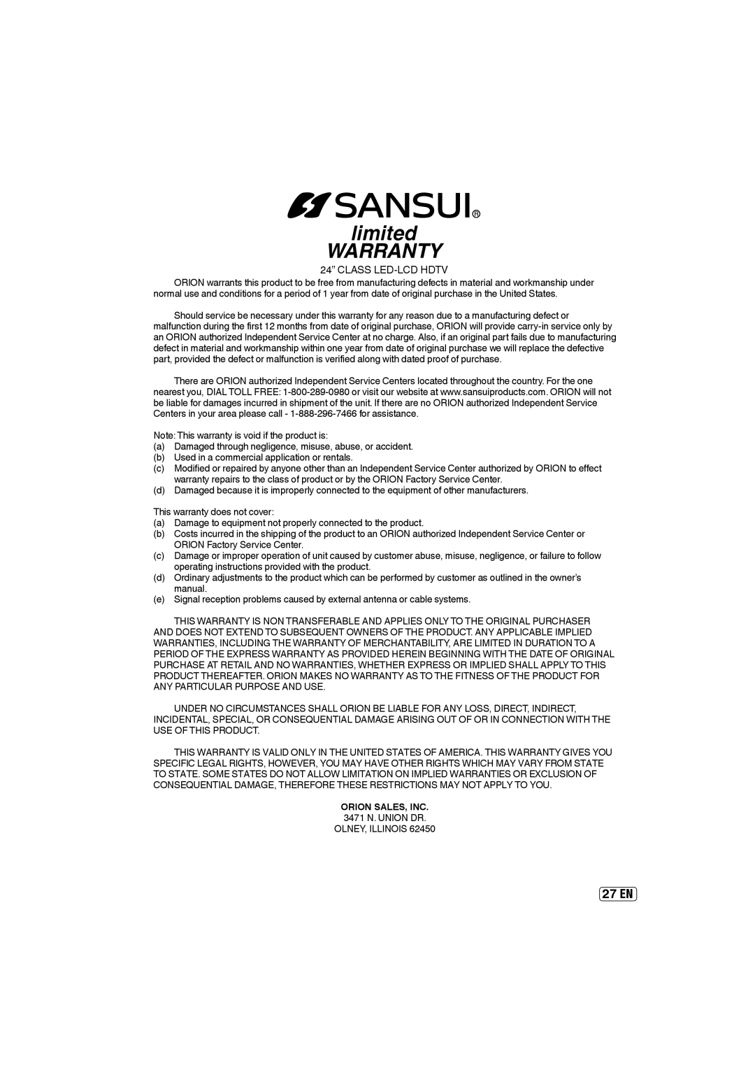 Sansui SLED2400 owner manual Orion SALES, INC, 3471 N. Union DR 