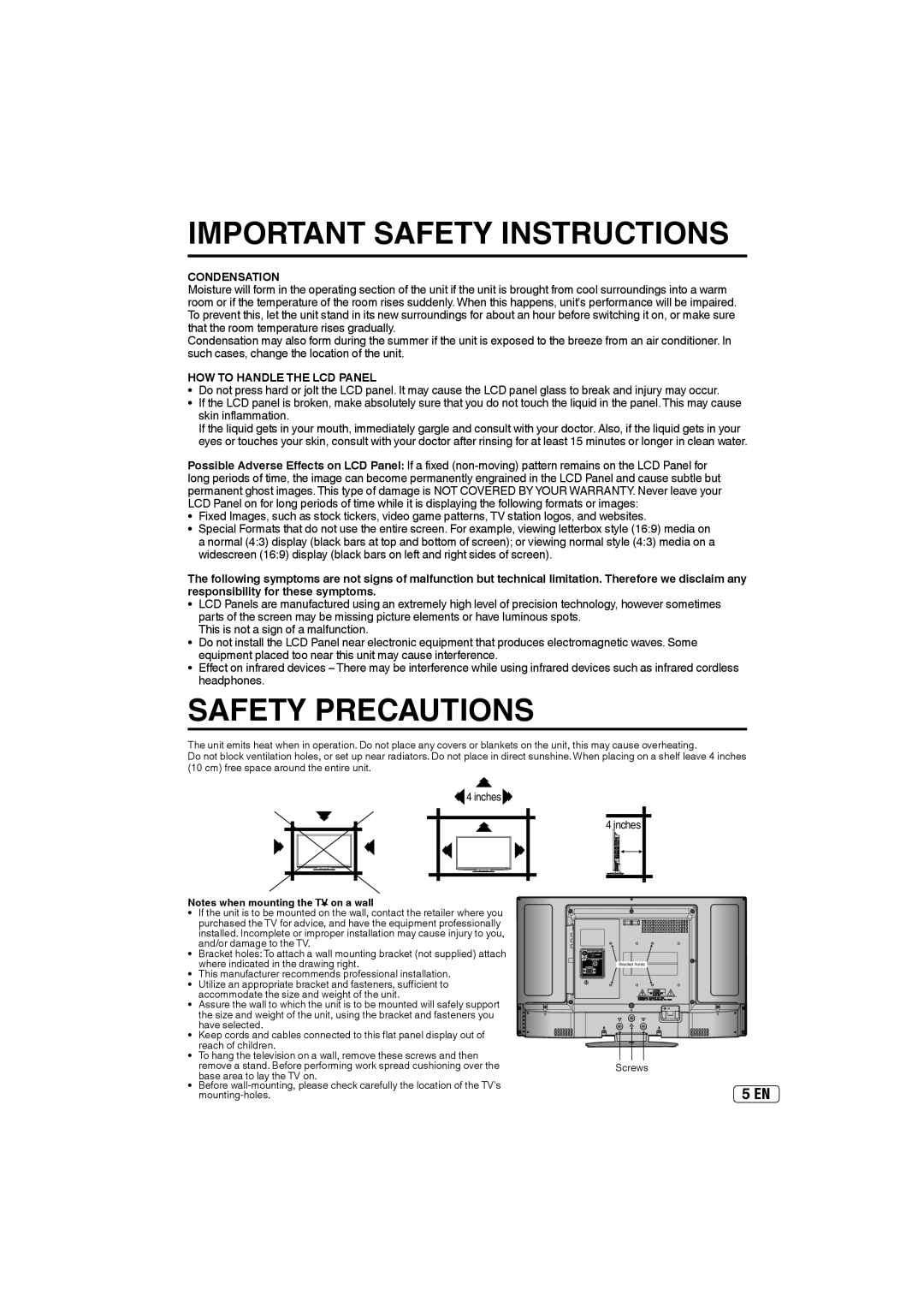 Sansui SLED2400 owner manual Condensation, HOW to Handle the LCD Panel 