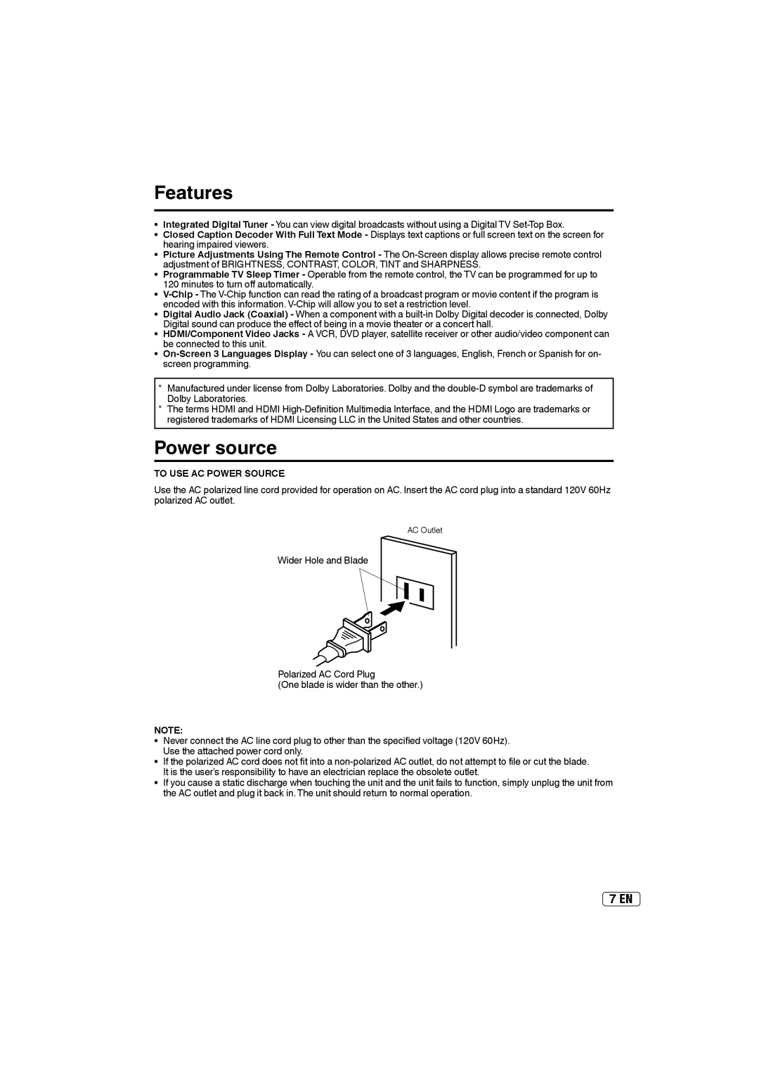 Sansui SLED2400 owner manual Features, Power source, To USE AC Power Source 