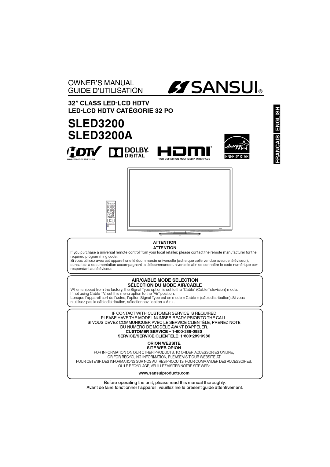 Sansui SLED3200A owner manual Customer Service, SERVICE/SERVICE Clientèle Orion Website Site WEB Orion 