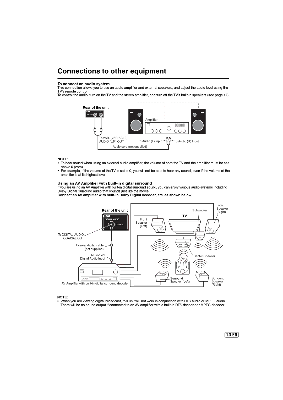 Sansui SLED3200A owner manual To connect an audio system, Using an AV Amplifier with built-in digital surround 