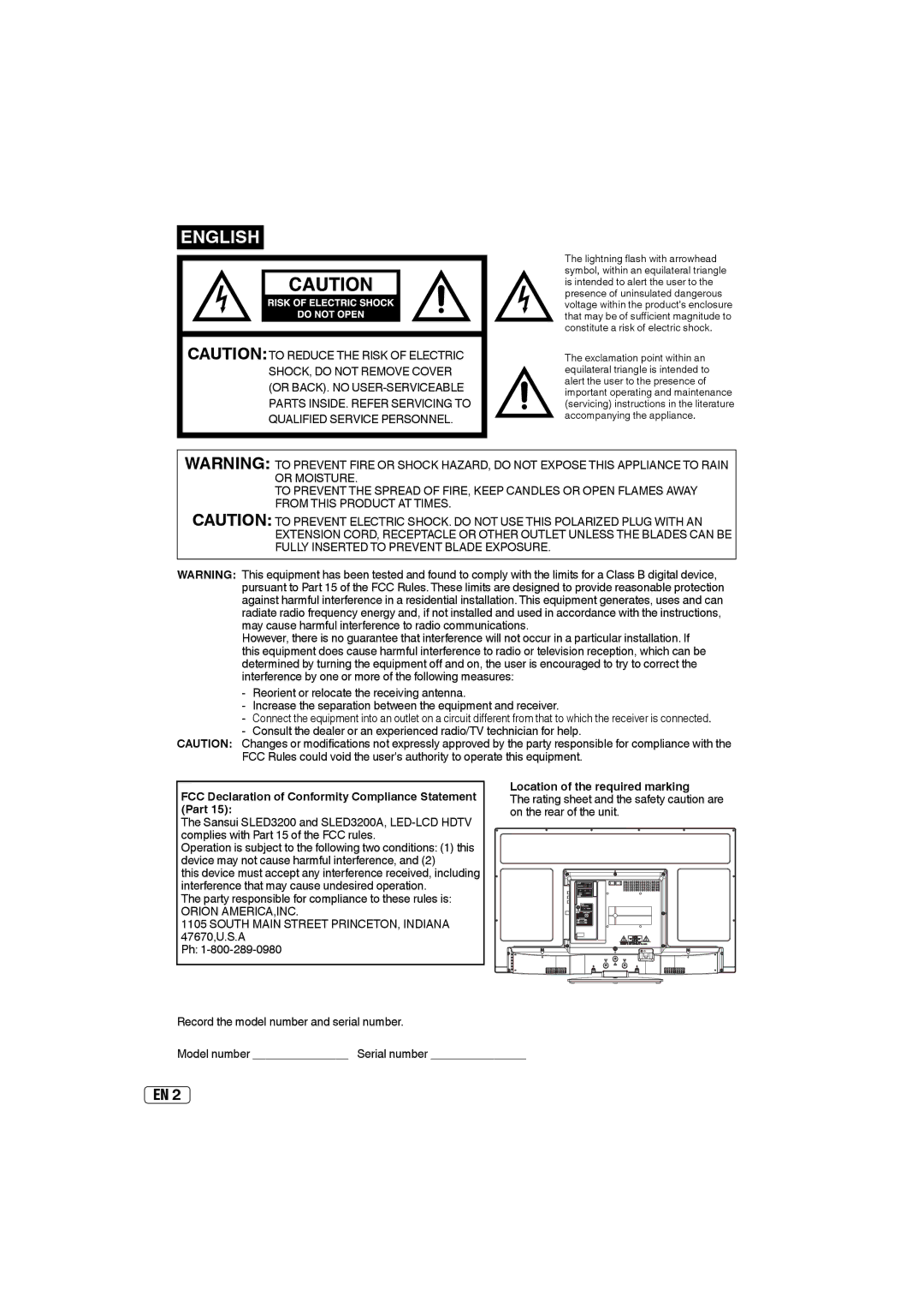 Sansui SLED3200A owner manual Part, On the rear of the unit 