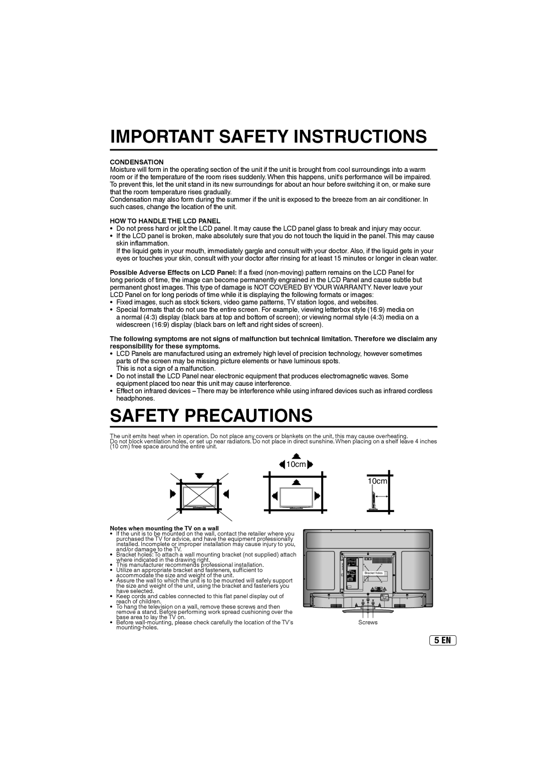 Sansui SLED3200A owner manual Condensation, HOW to Handle the LCD Panel 