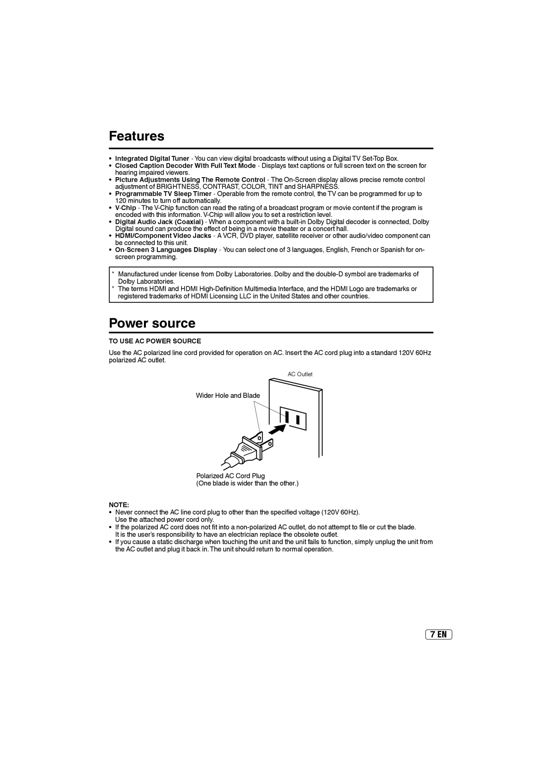 Sansui SLED3200A owner manual Features, Power source, To USE AC Power Source 