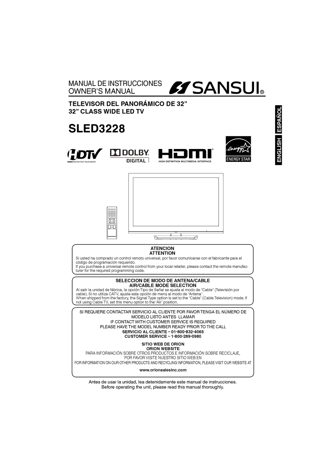 Sansui SLED3228 owner manual Servicio AL Cliente Customer Service, Sitio WEB DE Orion Orion Website 