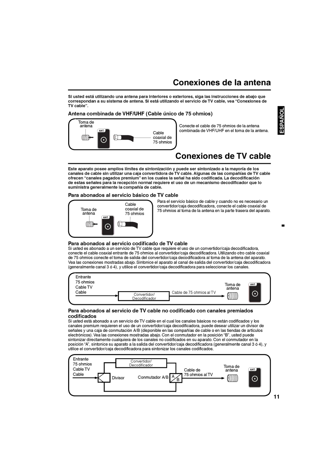 Sansui SLED3228 owner manual Conexiones de la antena, Conexiones de TV cable 