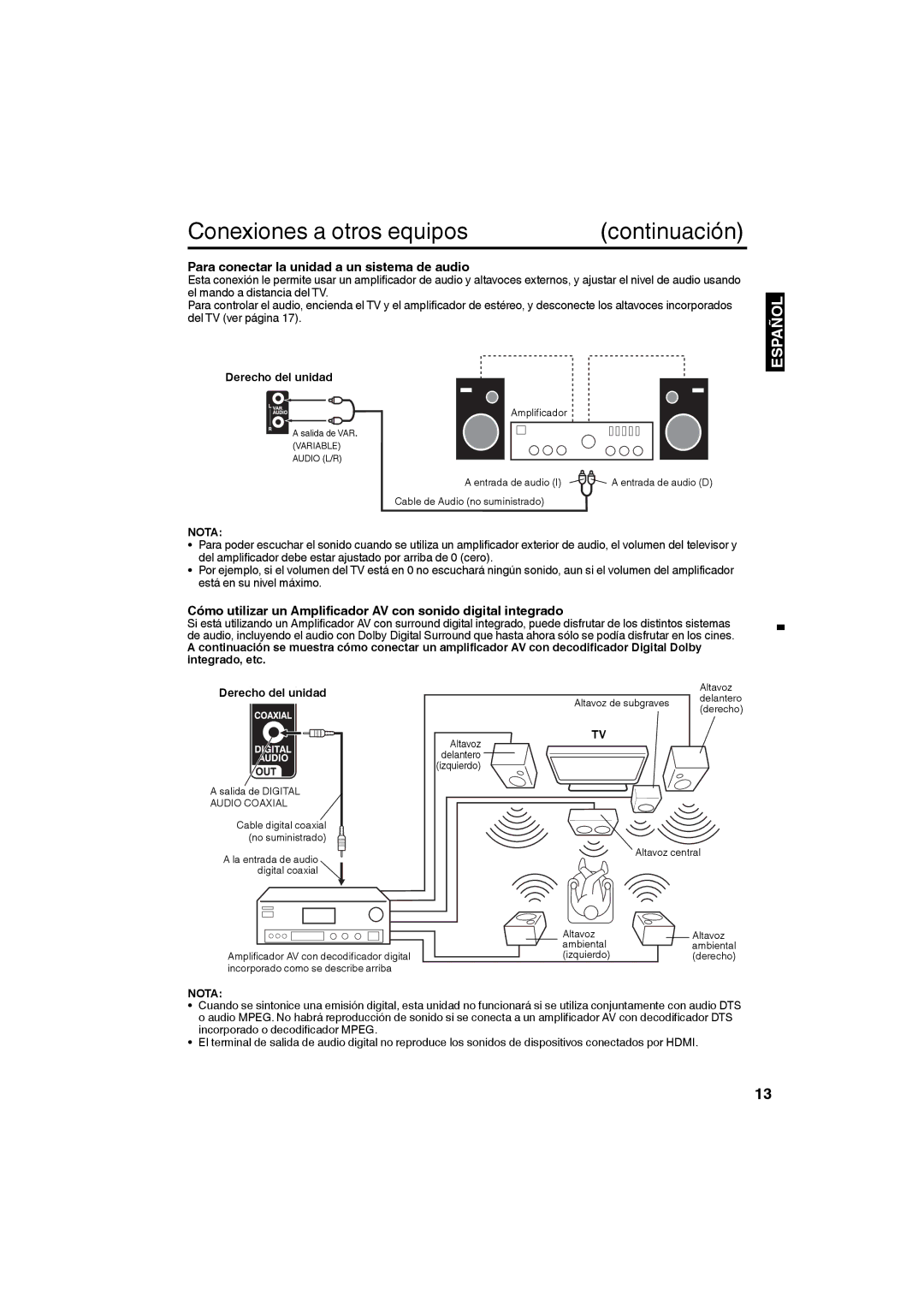 Sansui SLED3228 owner manual Conexiones a otros equipos Continuación, Para conectar la unidad a un sistema de audio 